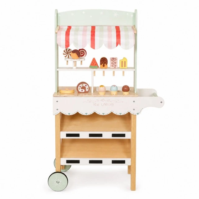 Παιδική Ξύλινη Βάση Παγωτού GINGER HOME, Κατάστημα με Ρόδες, MDF, 44/57x28x95,5 εκ., Παιχνίδι Montessori