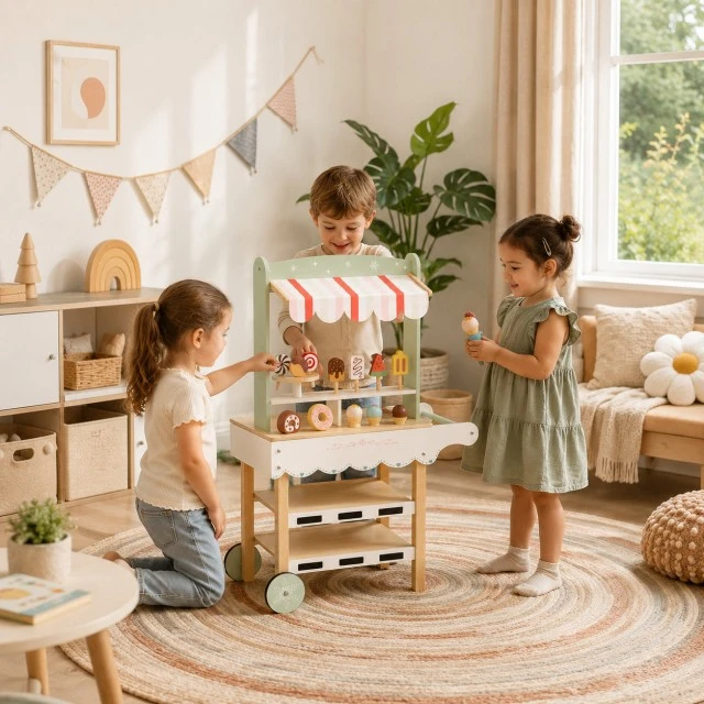 Παιδική Ξύλινη Βάση Παγωτού GINGER HOME, Κατάστημα με Ρόδες, MDF, 44/57x28x95,5 εκ., Παιχνίδι Montessori