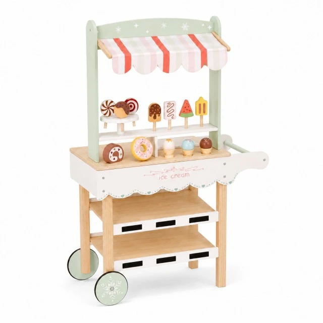 Παιδική Ξύλινη Βάση Παγωτού GINGER HOME, Κατάστημα με Ρόδες, MDF, 44/57x28x95,5 εκ., Παιχνίδι Montessori