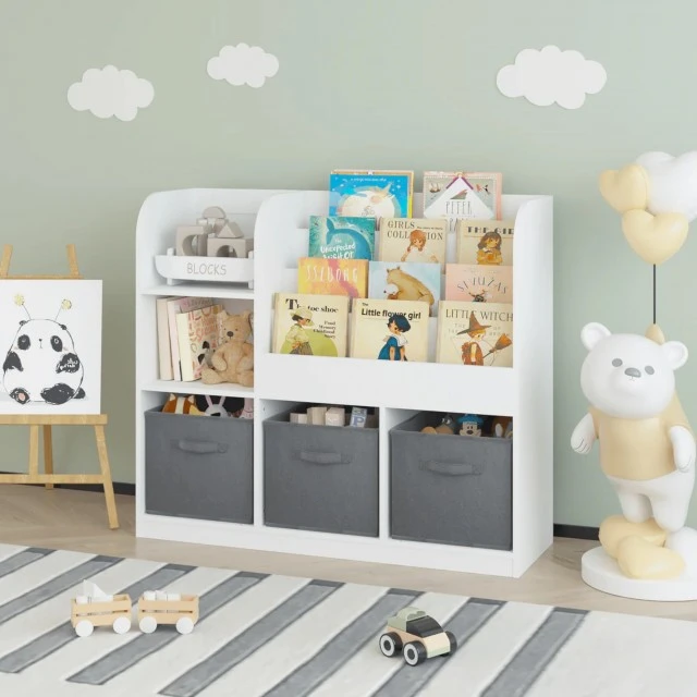 Παιδικός Οργανωτής GINGER HOME, Βιβλιοθήκη με Ράφια για Παιχνίδια και Βιβλία, 3 Υφασμάτινα Κουτιά, Ξύλινα, Λευκό, 92x30x80 cm, Montessori