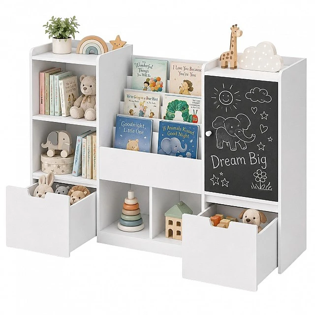 GINGER HOME Παιδικός Οργανωτής Παιχνιδιών με Μαυροπίνακα, Ράφι, 2 Συρτάρια και 6 Διαμερίσματα, Μασίφ Ξύλο και MDF, 140x51x80 εκ.