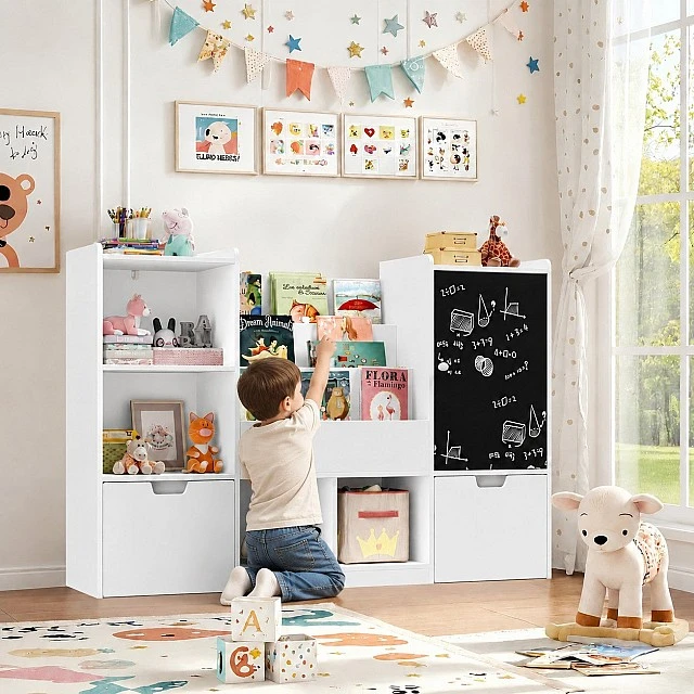 GINGER HOME Παιδικός Οργανωτής Παιχνιδιών με Μαυροπίνακα, Ράφι, 2 Συρτάρια και 6 Διαμερίσματα, Μασίφ Ξύλο και MDF, 140x51x80 εκ.