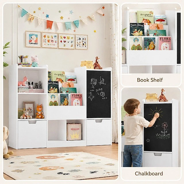 GINGER HOME Παιδικός Οργανωτής Παιχνιδιών με Μαυροπίνακα, Ράφι, 2 Συρτάρια και 6 Διαμερίσματα, Μασίφ Ξύλο και MDF, 140x51x80 εκ.