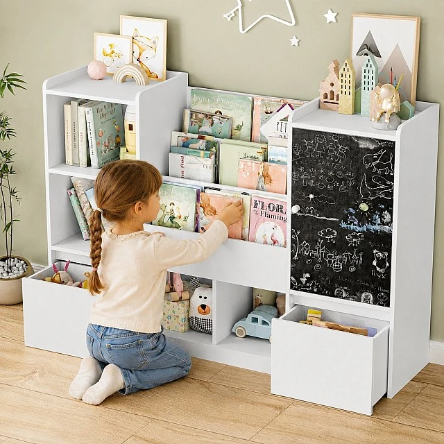 GINGER HOME Παιδικός Οργανωτής Παιχνιδιών με Μαυροπίνακα, Ράφι, 2 Συρτάρια και 6 Διαμερίσματα, Μασίφ Ξύλο και MDF, 140x51x80 εκ.
