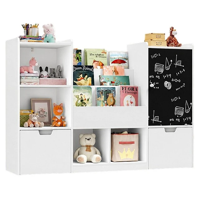 GINGER HOME Παιδικός Οργανωτής Παιχνιδιών με Μαυροπίνακα, Ράφι, 2 Συρτάρια και 6 Διαμερίσματα, Μασίφ Ξύλο και MDF, 140x51x80 εκ.