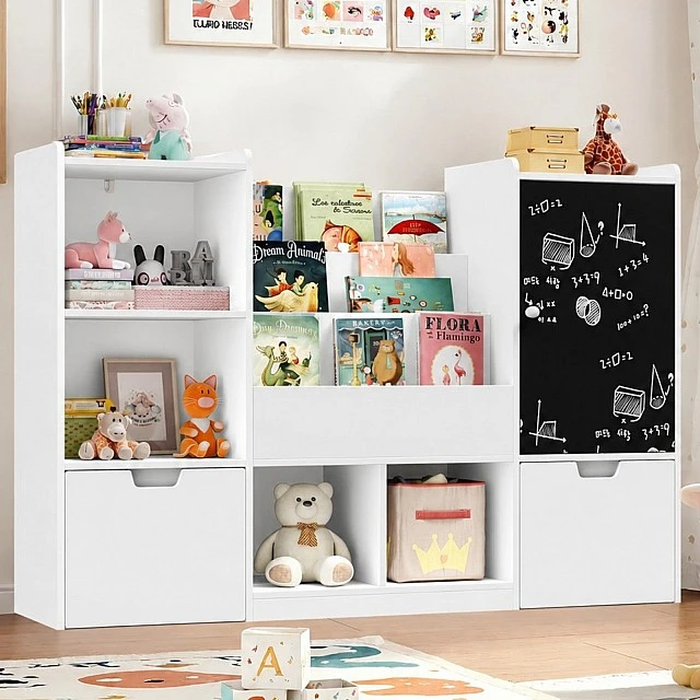 GINGER HOME Παιδικός Οργανωτής Παιχνιδιών με Μαυροπίνακα, Ράφι, 2 Συρτάρια και 6 Διαμερίσματα, Μασίφ Ξύλο και MDF, 140x51x80 εκ.