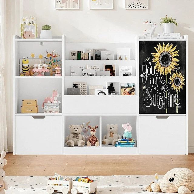 GINGER HOME Παιδικός Οργανωτής Παιχνιδιών με Μαυροπίνακα, Ράφι, 2 Συρτάρια και 6 Διαμερίσματα, Μασίφ Ξύλο και MDF, 140x51x80 εκ.