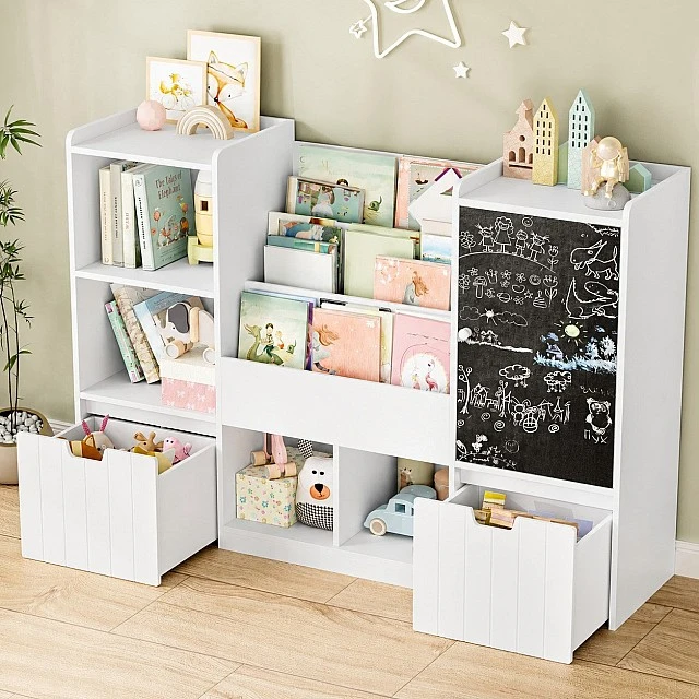 GINGER HOME Παιδικός Οργανωτής Παιχνιδιών με Μαυροπίνακα, Ράφι, 2 Συρτάρια και 6 Διαμερίσματα, Μασίφ Ξύλο και MDF, 140x51x80 εκ.