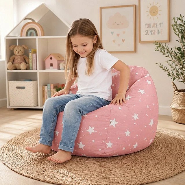 Παιδική πολυθρόνα-πουφ GINGER HOME Little Stars, 100% βαμβάκι, ροζ Barbaron με αστέρια, 55x44x55 εκ.