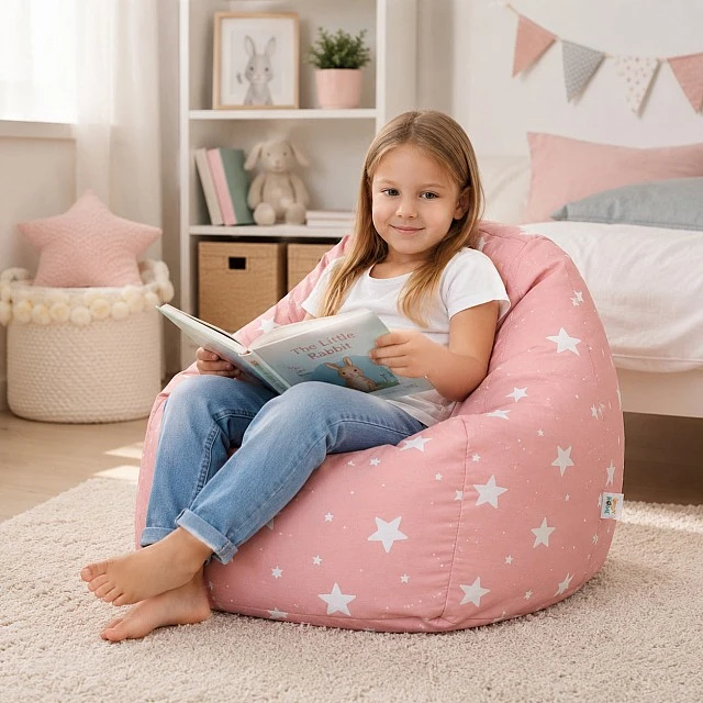 Παιδική πολυθρόνα-πουφ GINGER HOME Little Stars, 100% βαμβάκι, ροζ Barbaron με αστέρια, 55x44x55 εκ.