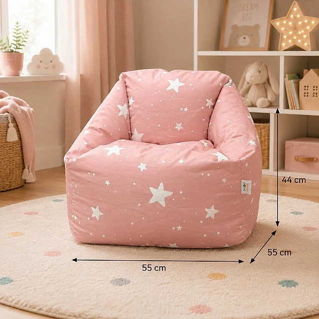 Παιδική πολυθρόνα-πουφ GINGER HOME Little Stars, 100% βαμβάκι, ροζ Barbaron με αστέρια, 55x44x55 εκ.