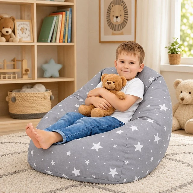 Παιδική πολυθρόνα-πουφ GINGER HOME Little Stars, 100% βαμβάκι, γκρι Barbaron με αστέρια, 55x44x55 εκ.