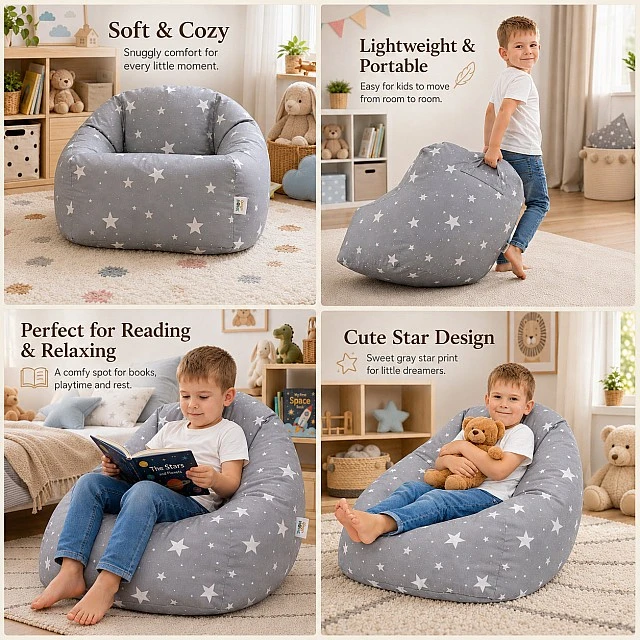 Παιδική πολυθρόνα-πουφ GINGER HOME Little Stars, 100% βαμβάκι, γκρι Barbaron με αστέρια, 55x44x55 εκ.