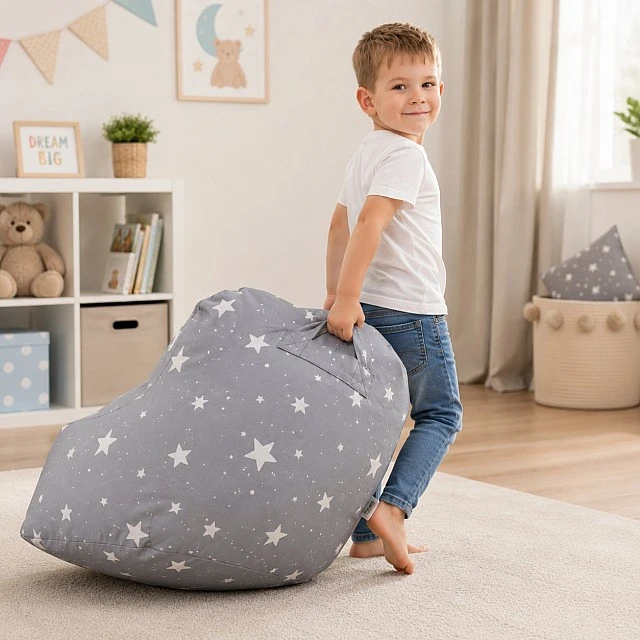 Παιδική πολυθρόνα-πουφ GINGER HOME Little Stars, 100% βαμβάκι, γκρι Barbaron με αστέρια, 55x44x55 εκ.