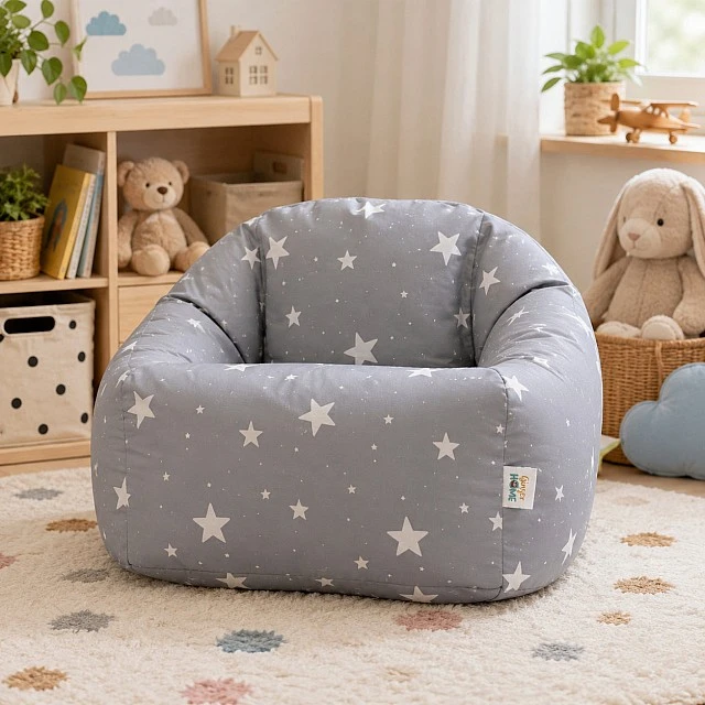 Παιδική πολυθρόνα-πουφ GINGER HOME Little Stars, 100% βαμβάκι, γκρι Barbaron με αστέρια, 55x44x55 εκ.