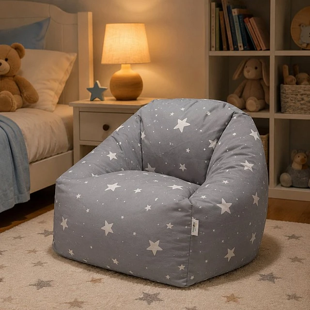 Παιδική πολυθρόνα-πουφ GINGER HOME Little Stars, 100% βαμβάκι, γκρι Barbaron με αστέρια, 55x44x55 εκ.