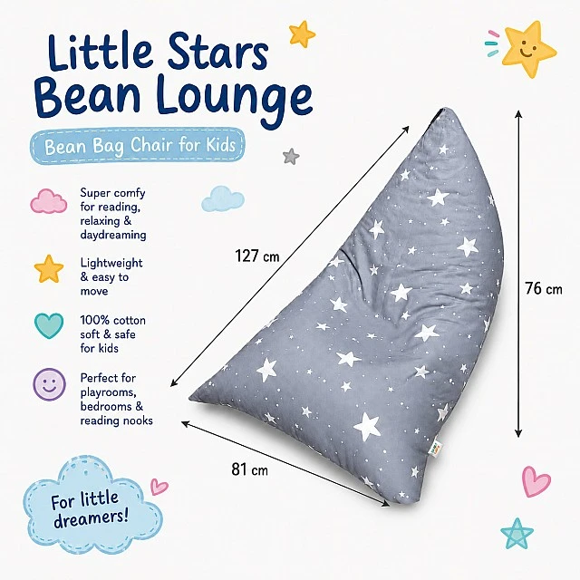 Παιδική Ξαπλώστρα Πουφ GINGER HOME Little Stars, 100% Βαμβάκι, Γκρι Barbaron με Αστέρια, 127x81x76 εκ.