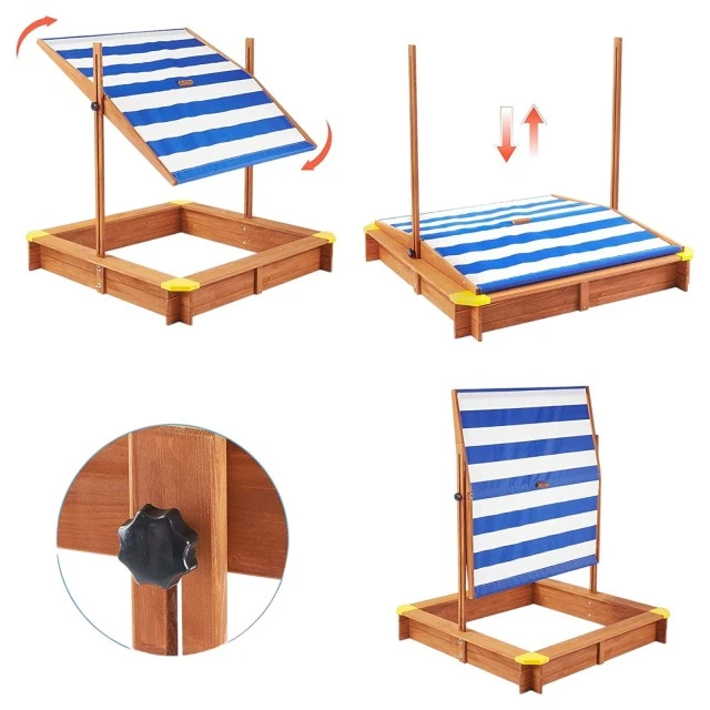 Παιδικό sandbox από ξύλο 118x118x118 cm, με ρυθμιζόμενο, αδιάβροχο κάλυμμα κουβούκλιο-αντι-UV