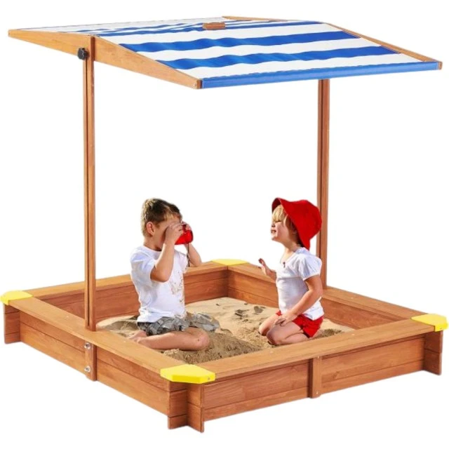 Παιδικό sandbox από ξύλο 118x118x118 cm, με ρυθμιζόμενο, αδιάβροχο κάλυμμα κουβούκλιο-αντι-UV