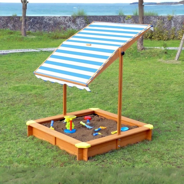 Παιδικό sandbox από ξύλο 118x118x118 cm, με ρυθμιζόμενο, αδιάβροχο κάλυμμα κουβούκλιο-αντι-UV