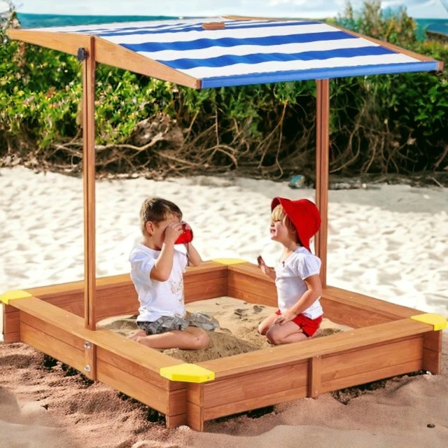 Παιδικό sandbox από ξύλο 118x118x118 cm, με ρυθμιζόμενο, αδιάβροχο κάλυμμα κουβούκλιο-αντι-UV