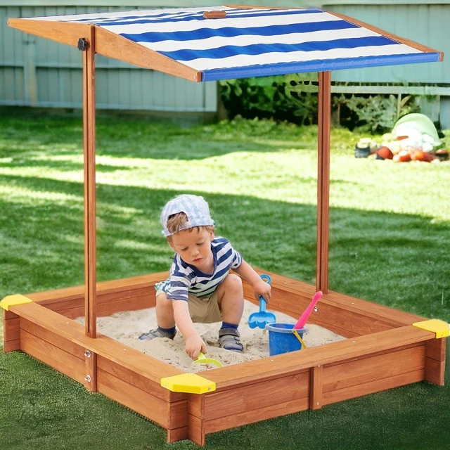 Παιδικό sandbox από ξύλο 118x118x118 cm, με ρυθμιζόμενο, αδιάβροχο κάλυμμα κουβούκλιο-αντι-UV
