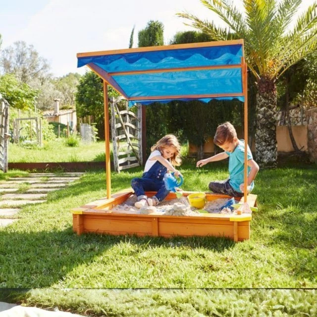 Παιδικό sandbox από ξύλο 117x117 cm, με ρυθμιζόμενο, αδιάβροχο κάλυμμα θόλου anti-UV 30