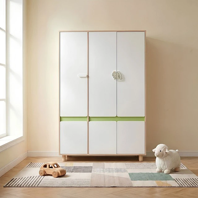 Παιδική Τρίφυλλη Ντουλάπα GINGER HOME DINO, με Ράφια, Μοχλό Κρεμάστρας και 6 Πόρτες, Λευκό, Πράσινο και Φυσικό Ξύλο, 120x60x180 εκ.