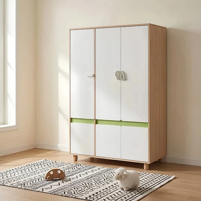 Παιδική Τρίφυλλη Ντουλάπα GINGER HOME DINO, με Ράφια, Μοχλό Κρεμάστρας και 6 Πόρτες, Λευκό, Πράσινο και Φυσικό Ξύλο, 120x60x180 εκ.