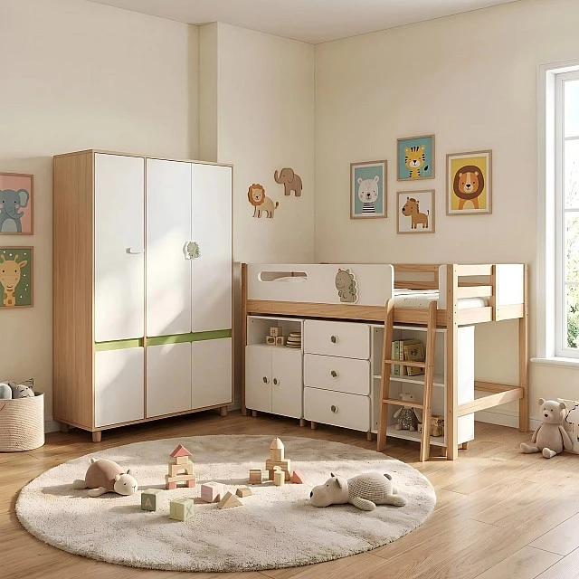 Παιδική Τρίφυλλη Ντουλάπα GINGER HOME DINO, με Ράφια, Μοχλό Κρεμάστρας και 6 Πόρτες, Λευκό, Πράσινο και Φυσικό Ξύλο, 120x60x180 εκ.