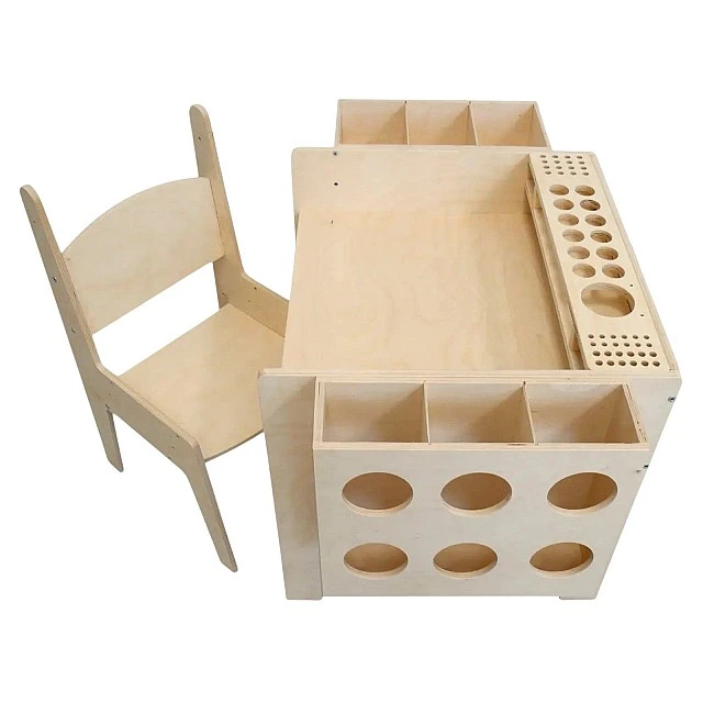 GINGER HOME Παιδικό Ξύλινο Γραφείο με Ρυθμιζόμενη Καρέκλα και Οργανωτή, Τραπέζι Σχεδίου Montessori, Εκπαιδευτικό Σετ για Παιδιά, Φυσικό Ξύλο, 77x50x52 εκ.