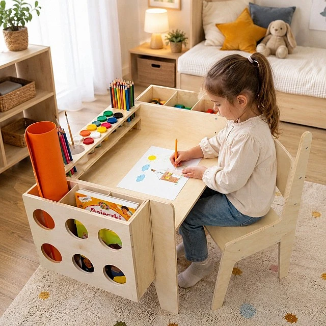 GINGER HOME Παιδικό Ξύλινο Γραφείο με Ρυθμιζόμενη Καρέκλα και Οργανωτή, Τραπέζι Σχεδίου Montessori, Εκπαιδευτικό Σετ για Παιδιά, Φυσικό Ξύλο, 77x50x52 εκ.