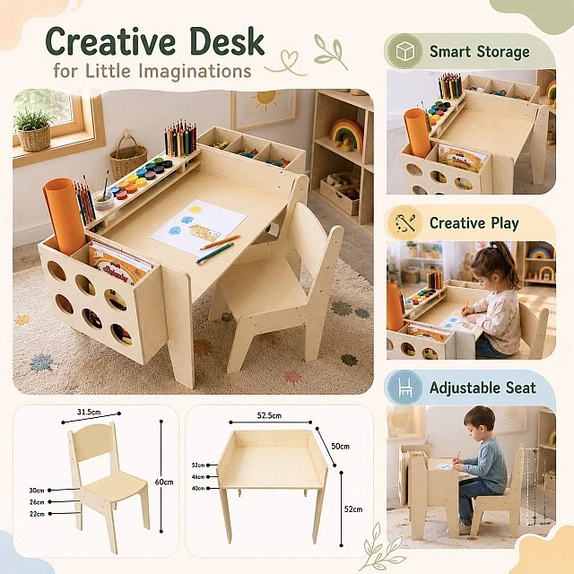 GINGER HOME Παιδικό Ξύλινο Γραφείο με Ρυθμιζόμενη Καρέκλα και Οργανωτή, Τραπέζι Σχεδίου Montessori, Εκπαιδευτικό Σετ για Παιδιά, Φυσικό Ξύλο, 77x50x52 εκ.