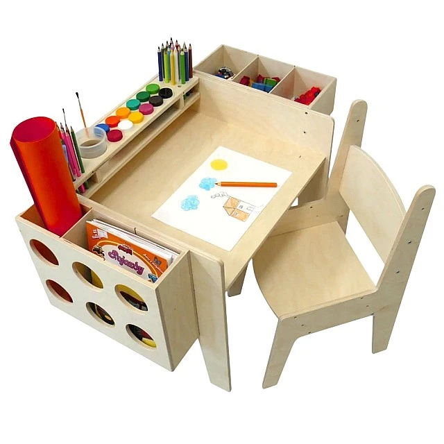 GINGER HOME Παιδικό Ξύλινο Γραφείο με Ρυθμιζόμενη Καρέκλα και Οργανωτή, Τραπέζι Σχεδίου Montessori, Εκπαιδευτικό Σετ για Παιδιά, Φυσικό Ξύλο, 77x50x52 εκ.