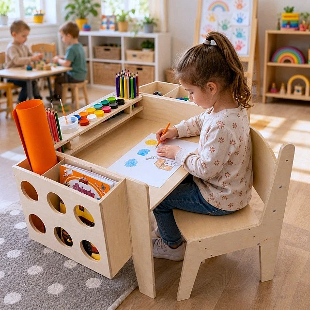 GINGER HOME Παιδικό Ξύλινο Γραφείο με Ρυθμιζόμενη Καρέκλα και Οργανωτή, Τραπέζι Σχεδίου Montessori, Εκπαιδευτικό Σετ για Παιδιά, Φυσικό Ξύλο, 77x50x52 εκ.