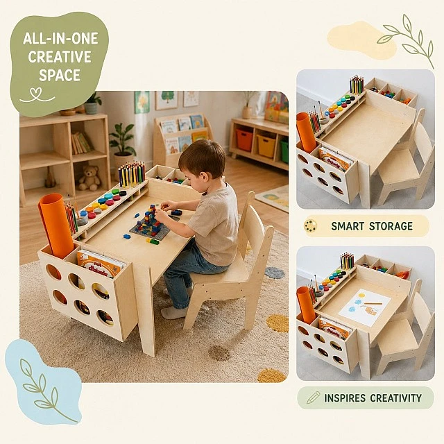 GINGER HOME Παιδικό Ξύλινο Γραφείο με Ρυθμιζόμενη Καρέκλα και Οργανωτή, Τραπέζι Σχεδίου Montessori, Εκπαιδευτικό Σετ για Παιδιά, Φυσικό Ξύλο, 77x50x52 εκ.