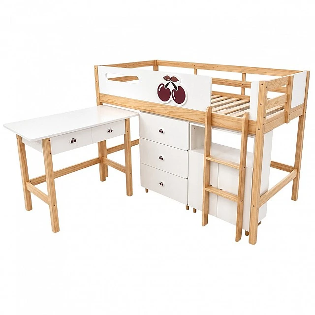 Παιδικό Κρεβάτι GINGER HOME CHERRY με Γραφείο, Συρταριέρα, Ντουλάπα και Σκελετό Στρώματος, 90x200 cm