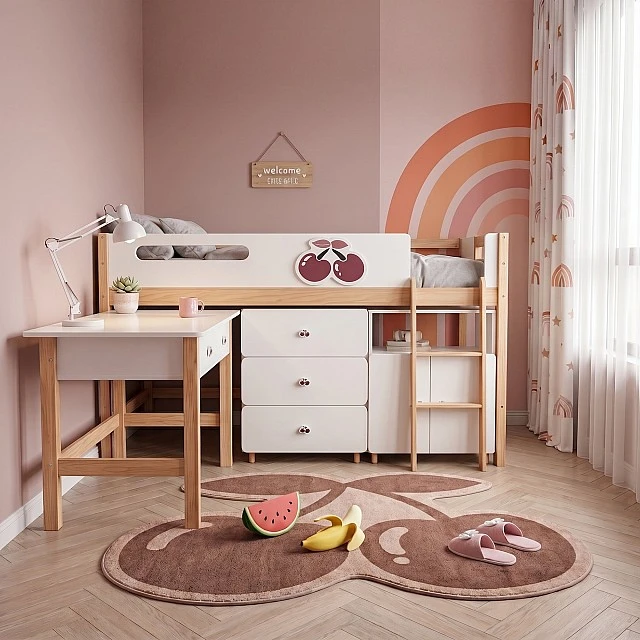 Παιδικό Κρεβάτι GINGER HOME CHERRY με Γραφείο, Συρταριέρα, Ντουλάπα και Σκελετό Στρώματος, 90x200 cm