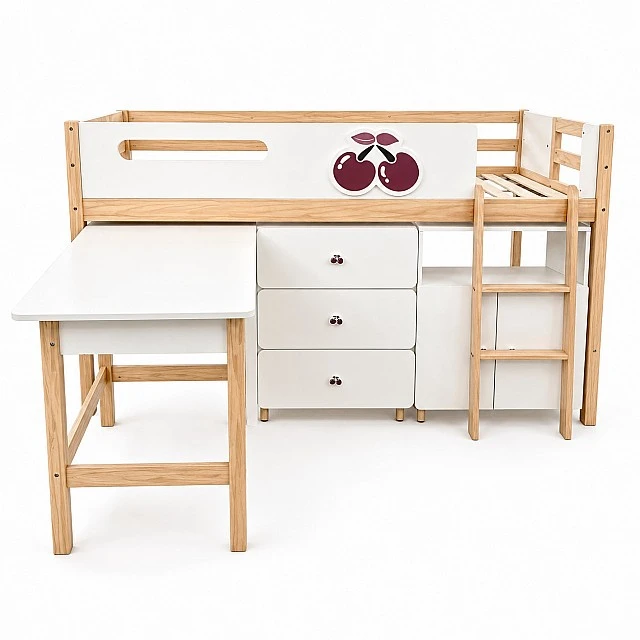 Παιδικό Κρεβάτι GINGER HOME CHERRY με Γραφείο, Συρταριέρα, Ντουλάπα και Σκελετό Στρώματος, 90x200 cm