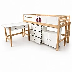 Παιδικό Κρεβάτι GINGER HOME CHERRY με Γραφείο, Συρταριέρα, Ντουλάπα και Σκελετό Στρώματος, 90x200 cm