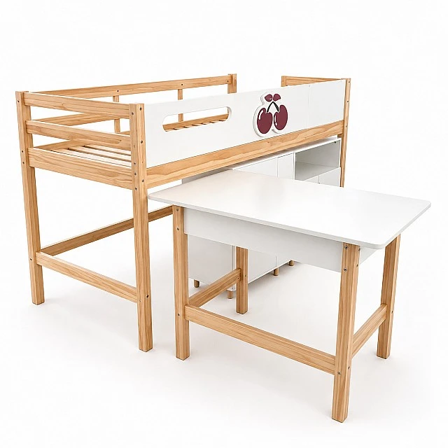 Παιδικό Κρεβάτι GINGER HOME CHERRY με Γραφείο, Συρταριέρα, Ντουλάπα και Σκελετό Στρώματος, 90x200 cm