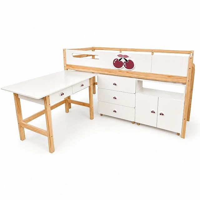 Παιδικό Κρεβάτι GINGER HOME CHERRY με Γραφείο, Συρταριέρα, Ντουλάπα και Σκελετό Στρώματος, 90x200 cm
