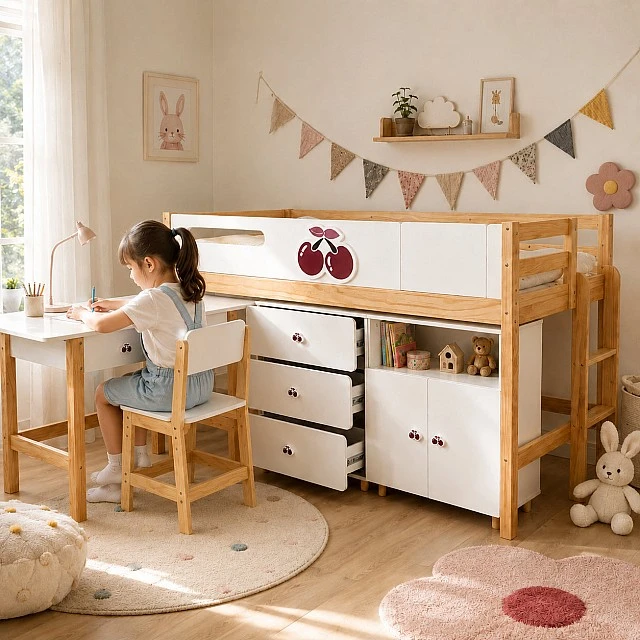 Παιδικό Κρεβάτι GINGER HOME CHERRY με Γραφείο, Συρταριέρα, Ντουλάπα και Σκελετό Στρώματος, 90x200 cm