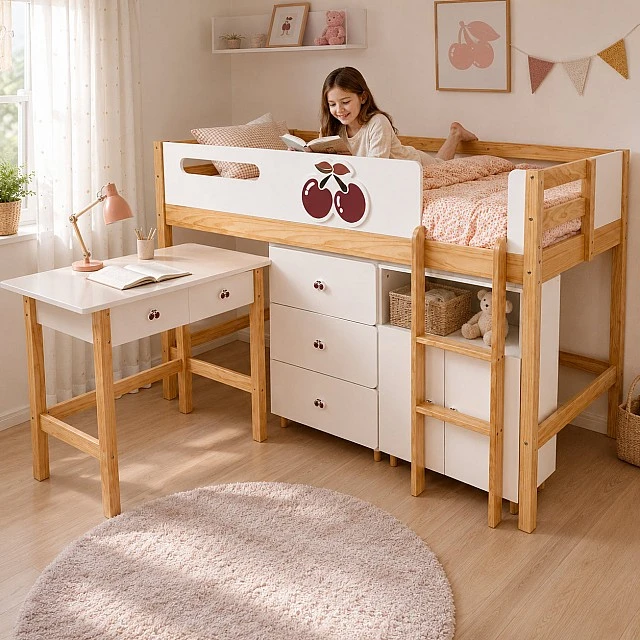 Παιδικό Κρεβάτι GINGER HOME CHERRY με Γραφείο, Συρταριέρα, Ντουλάπα και Σκελετό Στρώματος, 90x200 cm