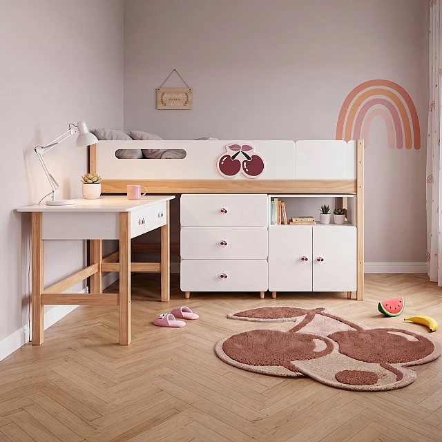 Παιδικό Κρεβάτι GINGER HOME CHERRY με Γραφείο, Συρταριέρα, Ντουλάπα και Σκελετό Στρώματος, 90x200 cm