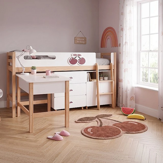 Παιδικό Κρεβάτι GINGER HOME CHERRY με Γραφείο, Συρταριέρα, Ντουλάπα και Σκελετό Στρώματος, 90x200 cm