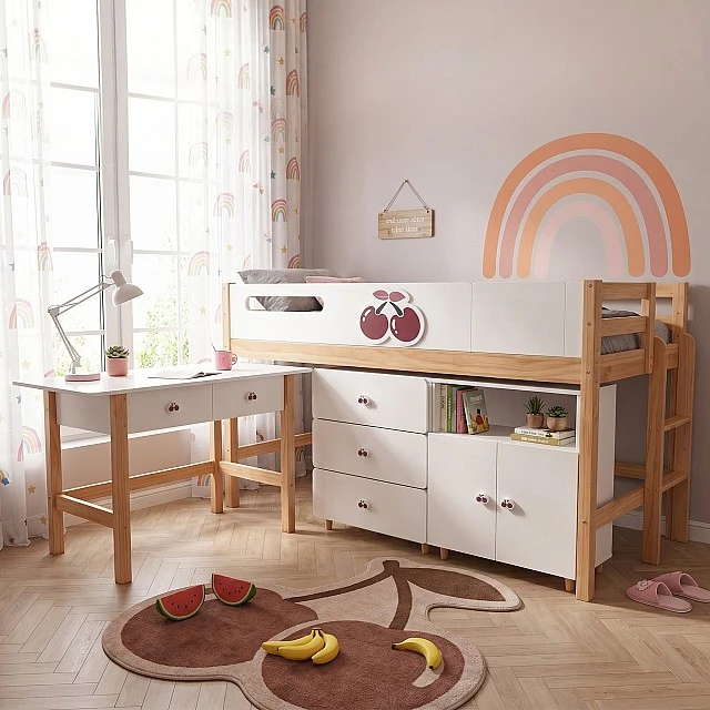 Παιδικό Κρεβάτι GINGER HOME CHERRY με Γραφείο, Συρταριέρα, Ντουλάπα και Σκελετό Στρώματος, 90x200 cm
