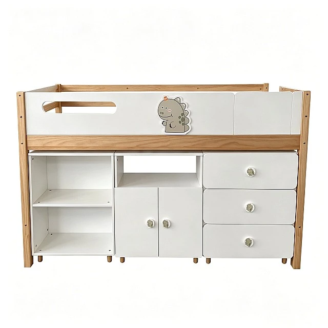 Παιδικό Κρεβάτι GINGER HOME DINO με Ράφια, Ντουλάπα, Συρταριέρα και Σκελετό Στρώματος, 90x200 cm