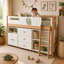 Παιδικό Κρεβάτι GINGER HOME DINO με Ράφια, Ντουλάπα, Συρταριέρα και Σκελετό Στρώματος, 90x200 cm