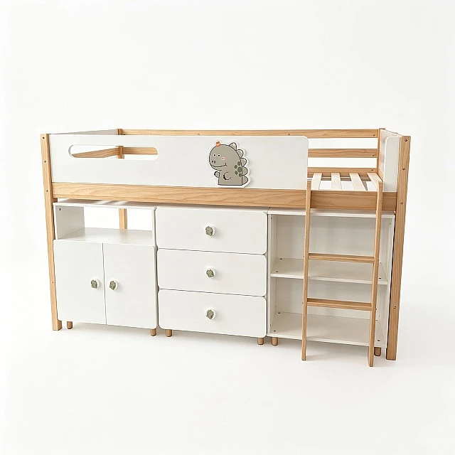 Παιδικό Κρεβάτι GINGER HOME DINO με Ράφια, Ντουλάπα, Συρταριέρα και Σκελετό Στρώματος, 90x200 cm